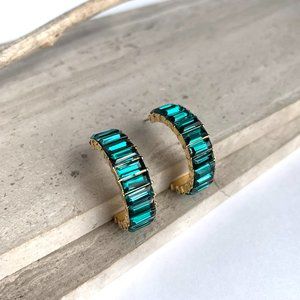 NEW~ Anthropologie Emerald Green Crystal Hoop Earrings